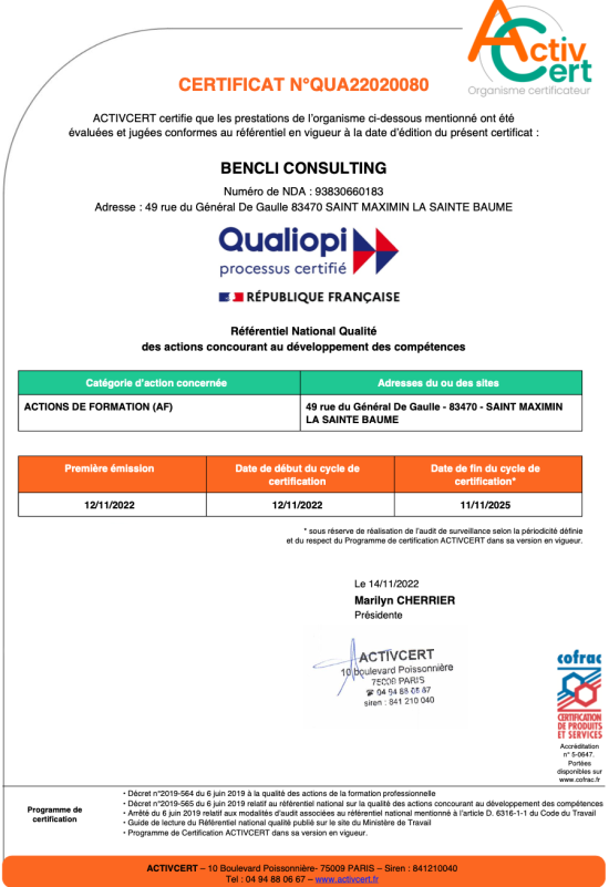 Certificat QUALIOPI - BENCLI CONSULTING